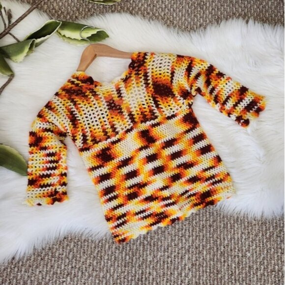 Vintage 1970s Girl Orange Crochet Crop Sweater Boho Bohemian 70s Handmade - Picture 4 of 9